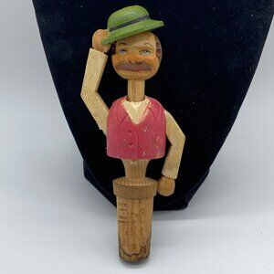 Vintage Mechanical Hand-Carved Wooden Wine Cork Stopper Animated Drinker
